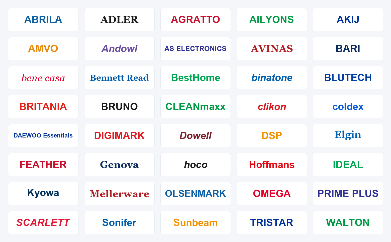 Parceiro de fabricação OEM/ODM para 40 marcas de eletrodomésticos e redes varejistas no mundo, incluindo Binatone, Daewoo Essentials, Sonifer, Sunbeam, Tristar, Walton, Mellerware, Olsenmark